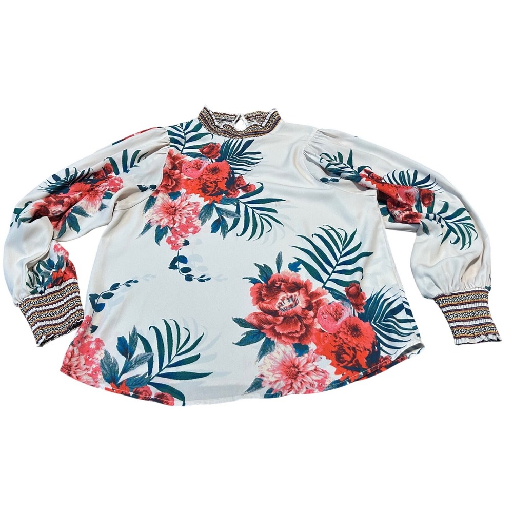 Jealous Tomato Floral Tropical Print Smocked High Neck Balloon Sleeve Blouse L